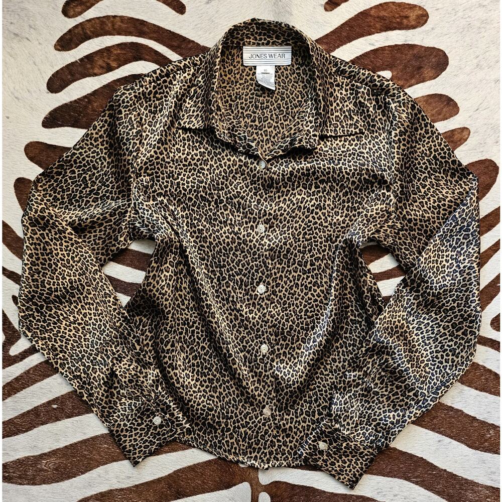 Vintage Jones New York Leopard Animal Print Long Sleeve Button-Up Blouse Sz 10